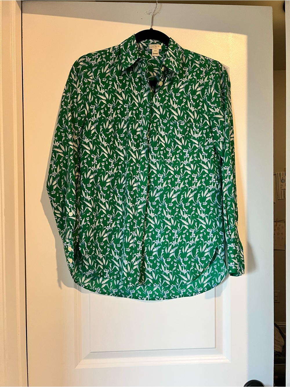 J. Crew Green Button-Down Shirt with White Leaf Print